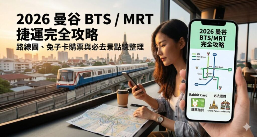 一位女性在曼谷夕陽背景下（可見 BTS 捷運與鄭王廟），手持智慧型手機顯示「2026 曼谷 BTS / MRT 捷運完全攻略」資訊圖表，包含路線圖、兔子卡購票及必去景點總整理。